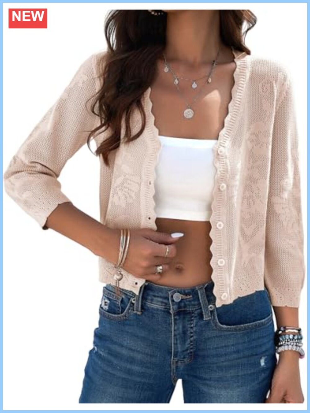 Women's Crochet Crop Cardigan Lightweight 3/4 Sleeve Button Up Shrug